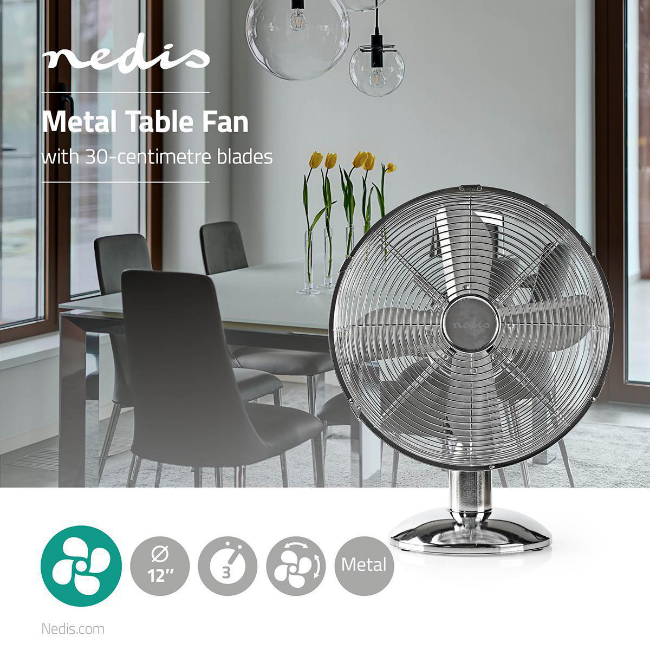 Nedis 12" Desk Fan 3 Speed Oscillating - Chrome | 291205 - Image 2