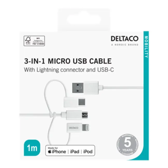 Deltaco Universal Charger Cable | 1m | IPLH441 - Image 1 Deltaco Universal Charger Cable | 1m | IPLH441 - Image 1