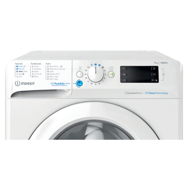 Indesit Steam Push&Go Washing Machine 1400sp - White | BWE111496XWVUK - Image 2