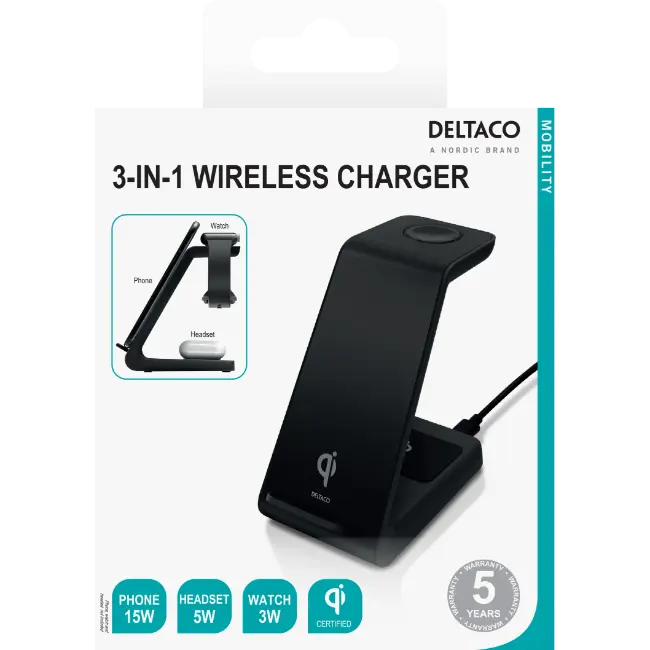 Deltaco 3-in-1 Wireless Qi Charger | Black | QI1037 - Image 6