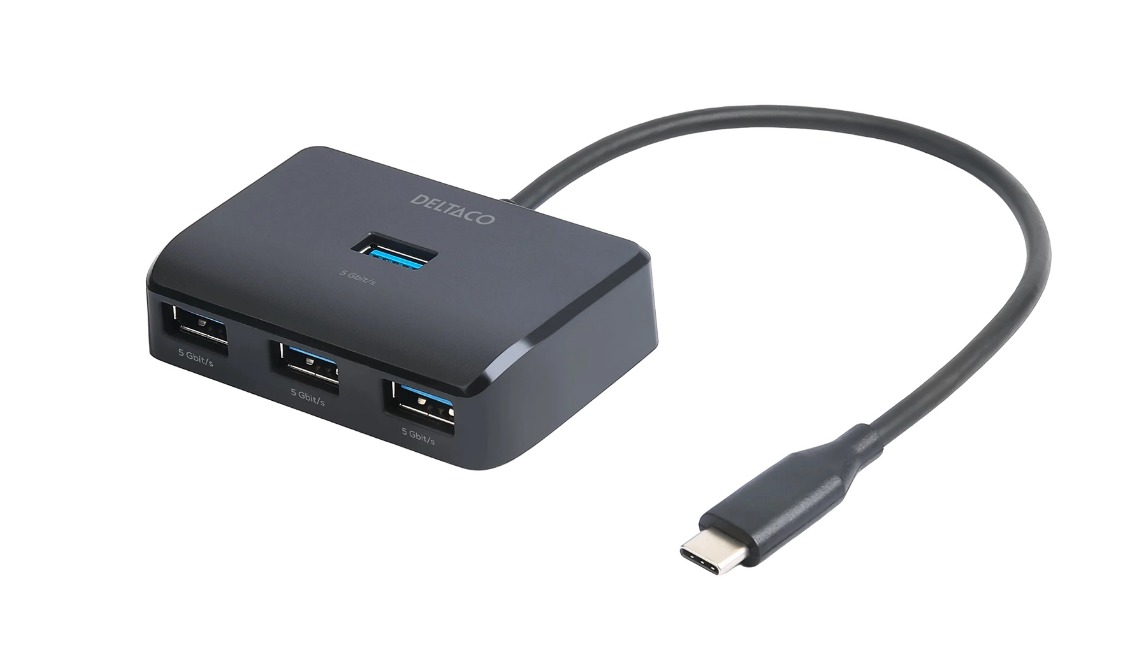 Deltaco USB-C Docking Station with 4 USB-A Ports - Black | USBCHUB203