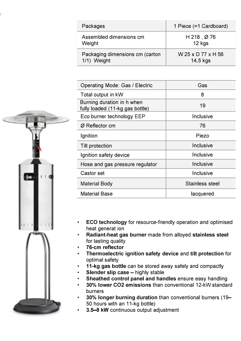 Enders Elegance 8kW Eco Gas Patio Heater Stainless Steel 999314