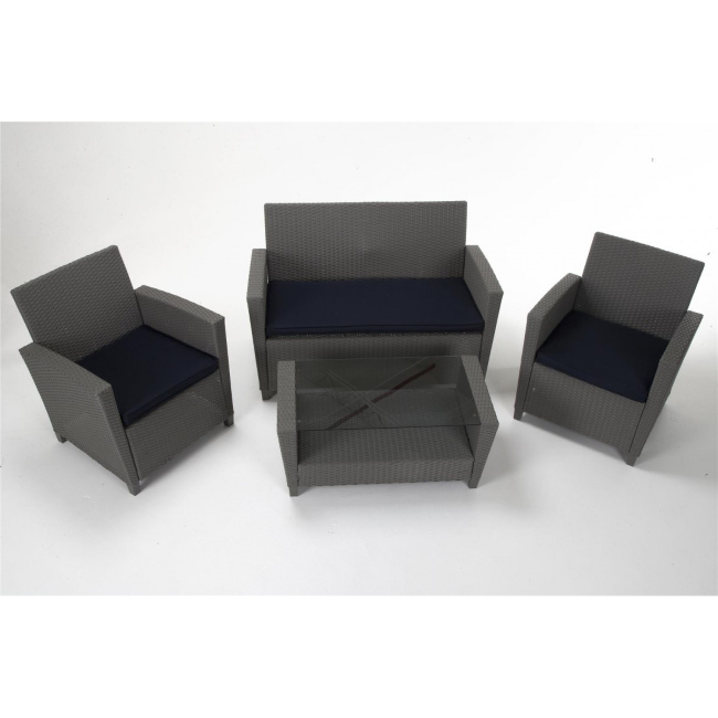 Malmo 4 Piece Resin Rattan Patio Set - Grey with Navy Cushions Malmo 4 Piece Resin Rattan Patio Set - Grey with Navy Cushions
