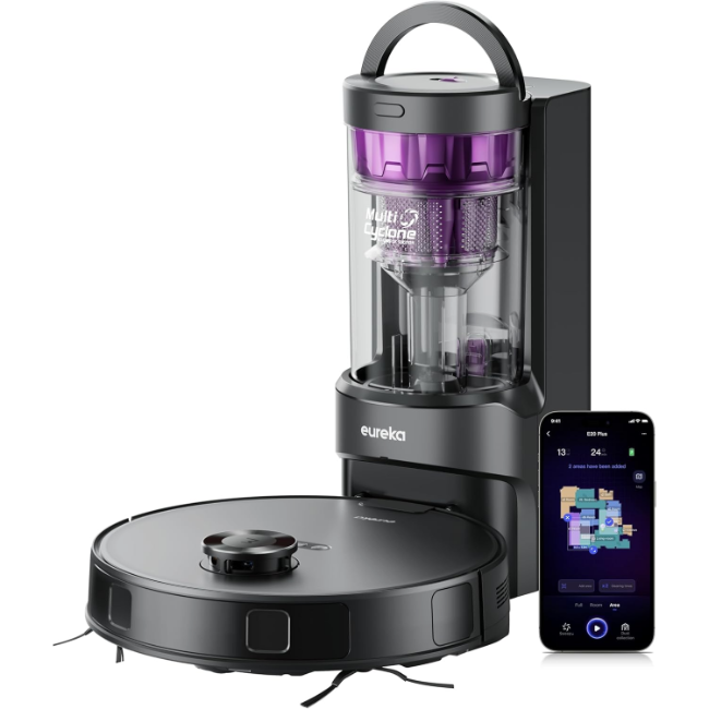 Eureka E20 Plus Robot Vac with Bagless Docking Station - Black & Purple | SNERE20PLUSBK Eureka E20 Plus Robot Vac with Bagless Docking Station - Black & Purple | SNERE20PLUSBK