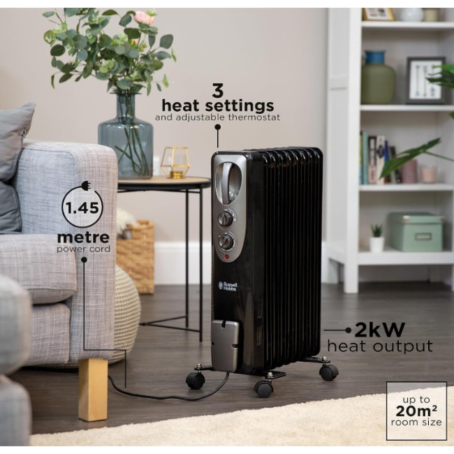 Russell Hobs Oil Radiator 2kw | Black | RHOFR5002B - Image 3