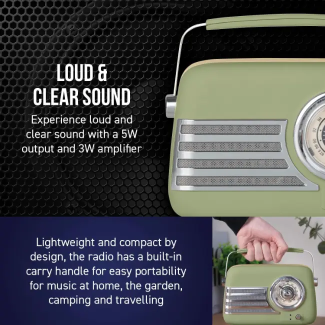 iTek Portable Bluetooth Retro FM Radio | Sage Green | I60028SAG - Image 5