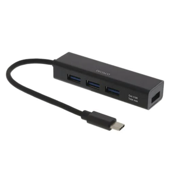 Deltaco USB-C Mini Hub with 4 USB-A Ports - Black | USBCHUB12