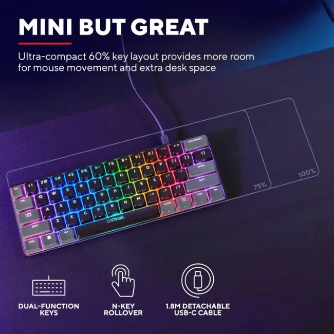 Trust GXT 867 Mini Gaming Keyboard | RGB Illumination | T24886 - Image 4