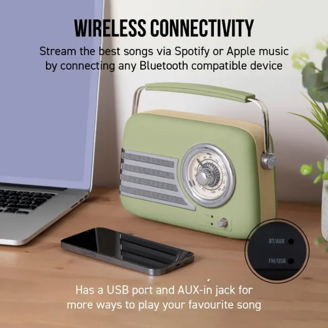 iTek Portable Bluetooth Retro FM Radio | Sage Green | I60028SAG - Image 4