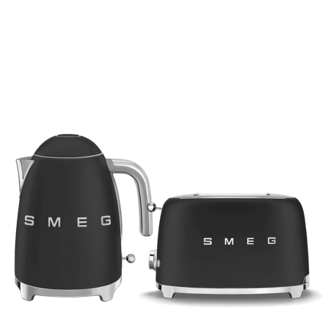 Smeg 50's Retro Kettle & 2 Slice Toaster Set - Matte Black | KLF03BLMUK + TSF01BLMUK Smeg 50's Retro Kettle & 2 Slice Toaster Set - Matte Black | KLF03BLMUK + TSF01BLMUK