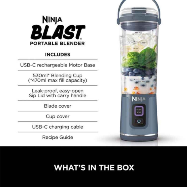 Ninja Blast Cordless Portable Blender | Denim Blue | BC151UKNV - Image 3 Ninja Blast Cordless Portable Blender | Denim Blue | BC151UKNV - Image 3