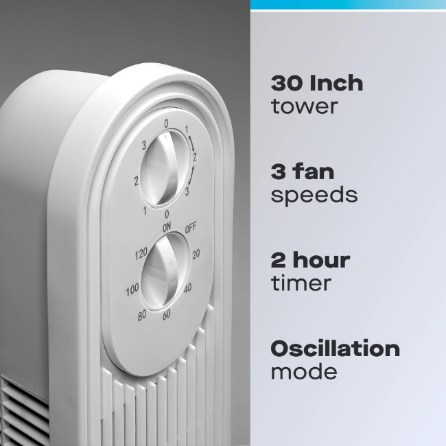 Daewoo 30" Slimline Oscillating Tower Fan | White | 970258 - Image 2