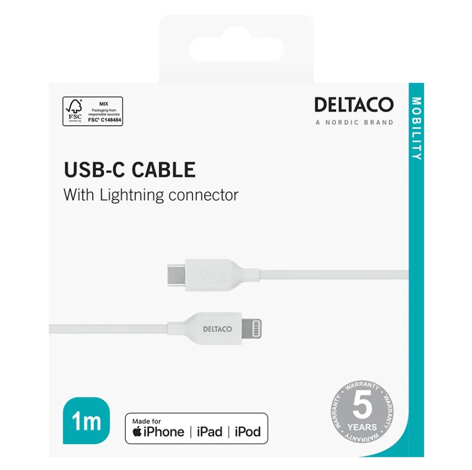 Deltaco USB-C to Lightning Cable | 1m | White | IPLH451 Deltaco USB-C to Lightning Cable | 1m | White | IPLH451