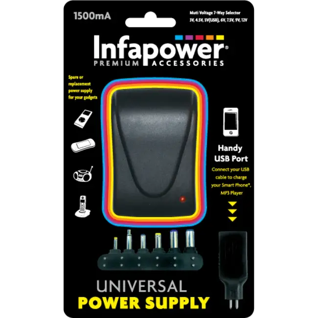 Infapower 1500mA 7 Way Universal Power Supply AC/DC Adaptor | 021036