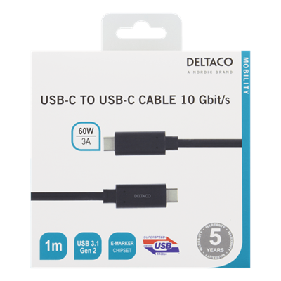 Deltaco 1M USB-C & USB-C Cable - Black | USBC1122M