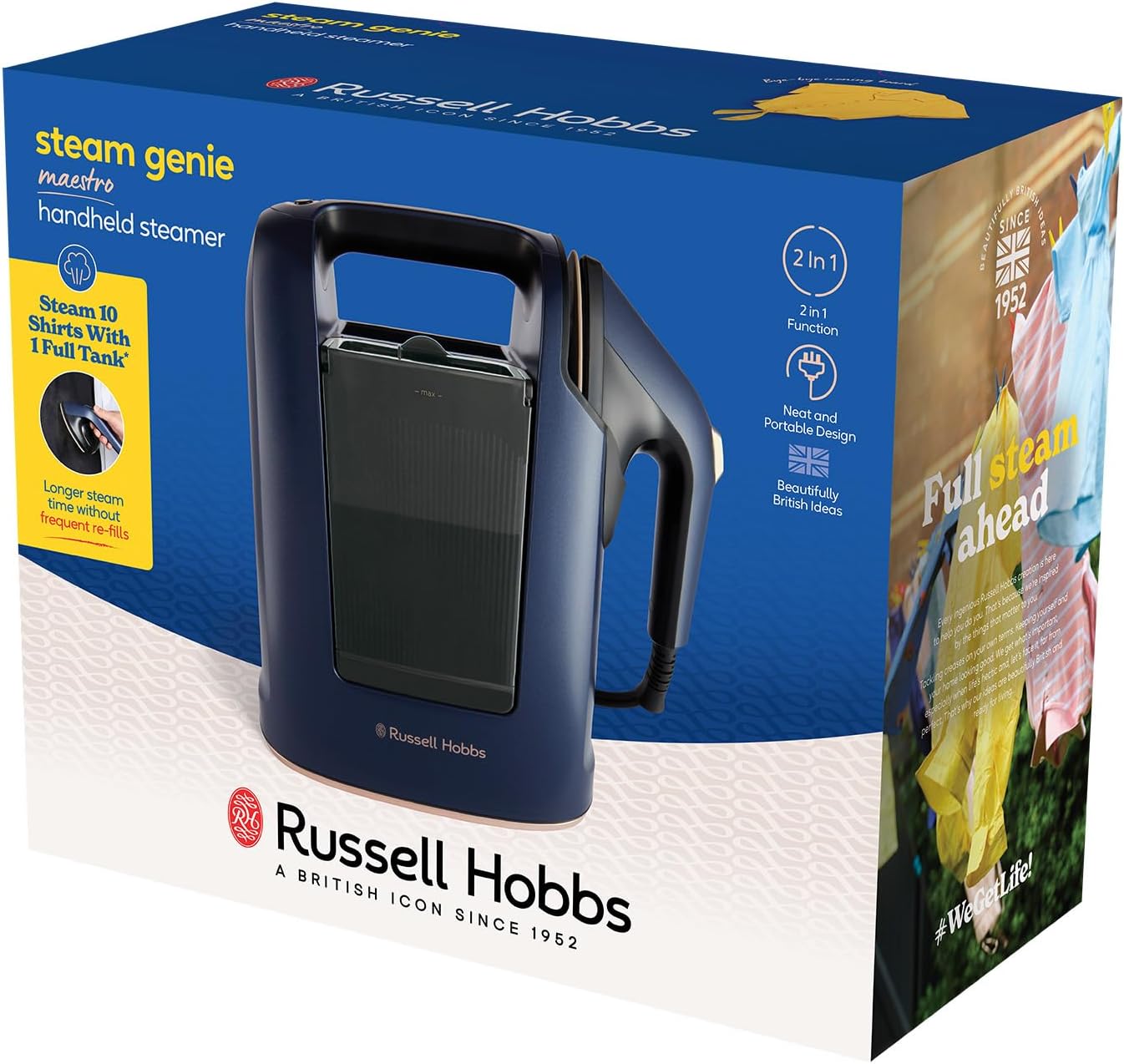 Russell Hobbs Genie Maestro Hand Held Steamer | 2-in-1 | Blue | 27600 - Image 6