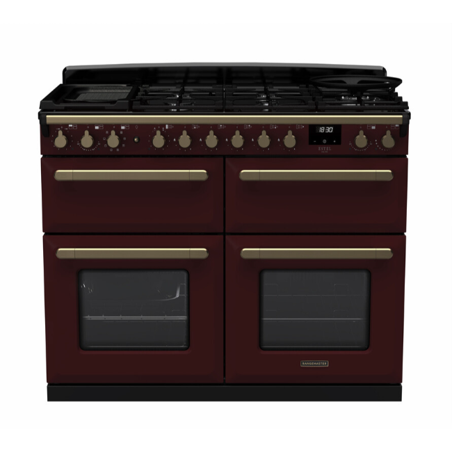 Rangemaster Estel Deluxe 110 Dual Fuel Range Cooker - Bordeaux with Brass Trim | ESDLB110DFPBORAB1