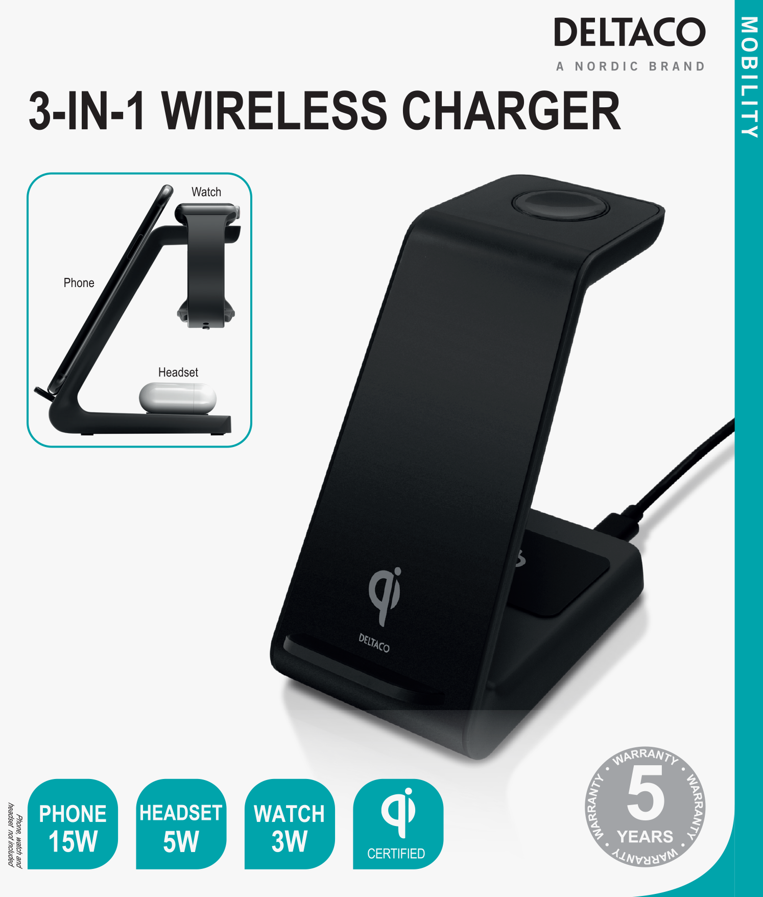 Deltaco 3-in-1 Wireless Charger - Black | QI1041