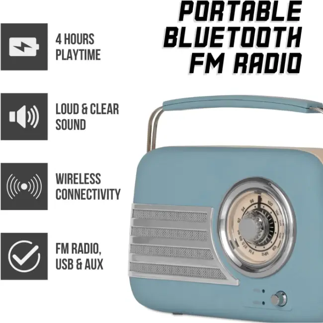 iTek Portable Bluetooth Retro FM Radio | Blue | I60028BLU - Image 2