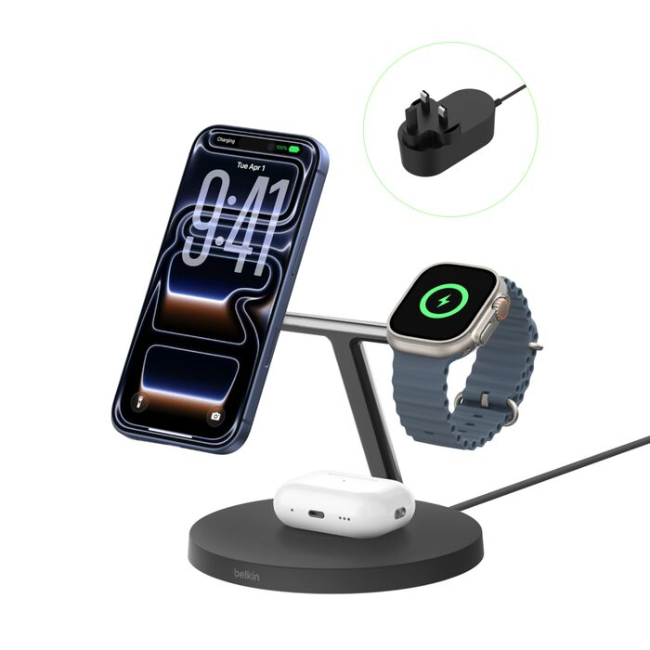 Belkin 3-In-1 Wireless Charging Stand Qi2 15W | WIZ032MYBK