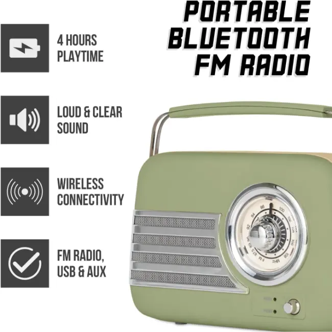 iTek Portable Bluetooth Retro FM Radio | Sage Green | I60028SAG - Image 2