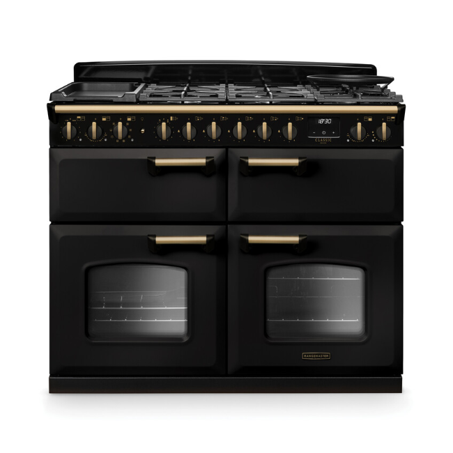 Rangemaster Classic Deluxe 110 Dual Fuel Range Cooker - Black& Brass | CLDLB110DFPCBLAB1 - Image 1