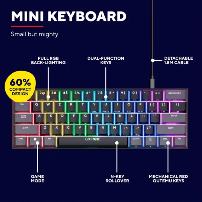 Trust GXT 867 Mini Gaming Keyboard | RGB Illumination | T24886 - Image 3